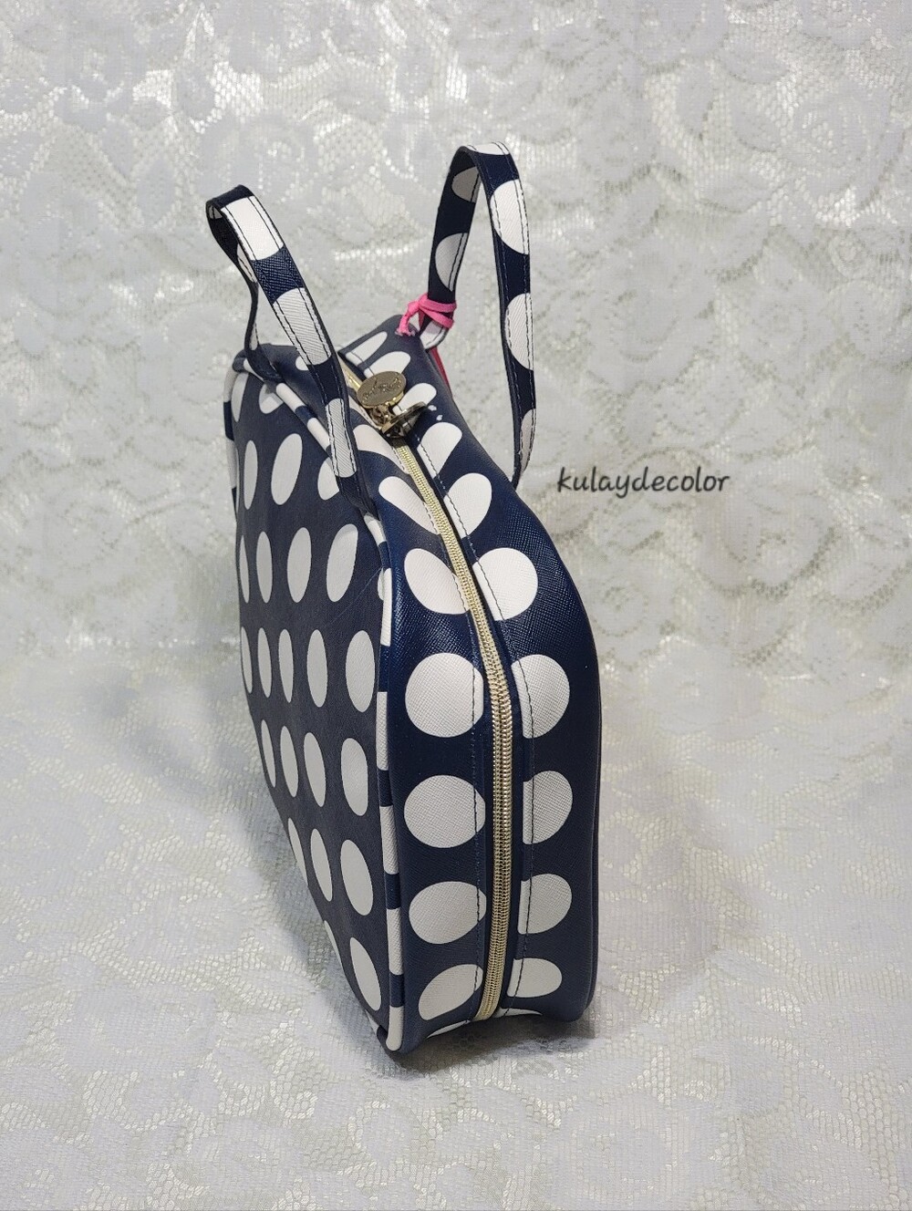 Dabney Lee Navy Blue White Polka Dot Cosmetic Travel Large Toiletry Bag Zip Tote - Picture 3 of 16